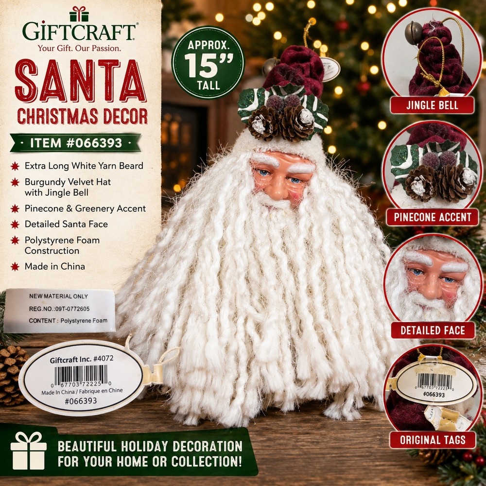 Giftcraft Santa Christmas Decor 15 Inch Yarn Beard Burgundy Velvet Hat 066393